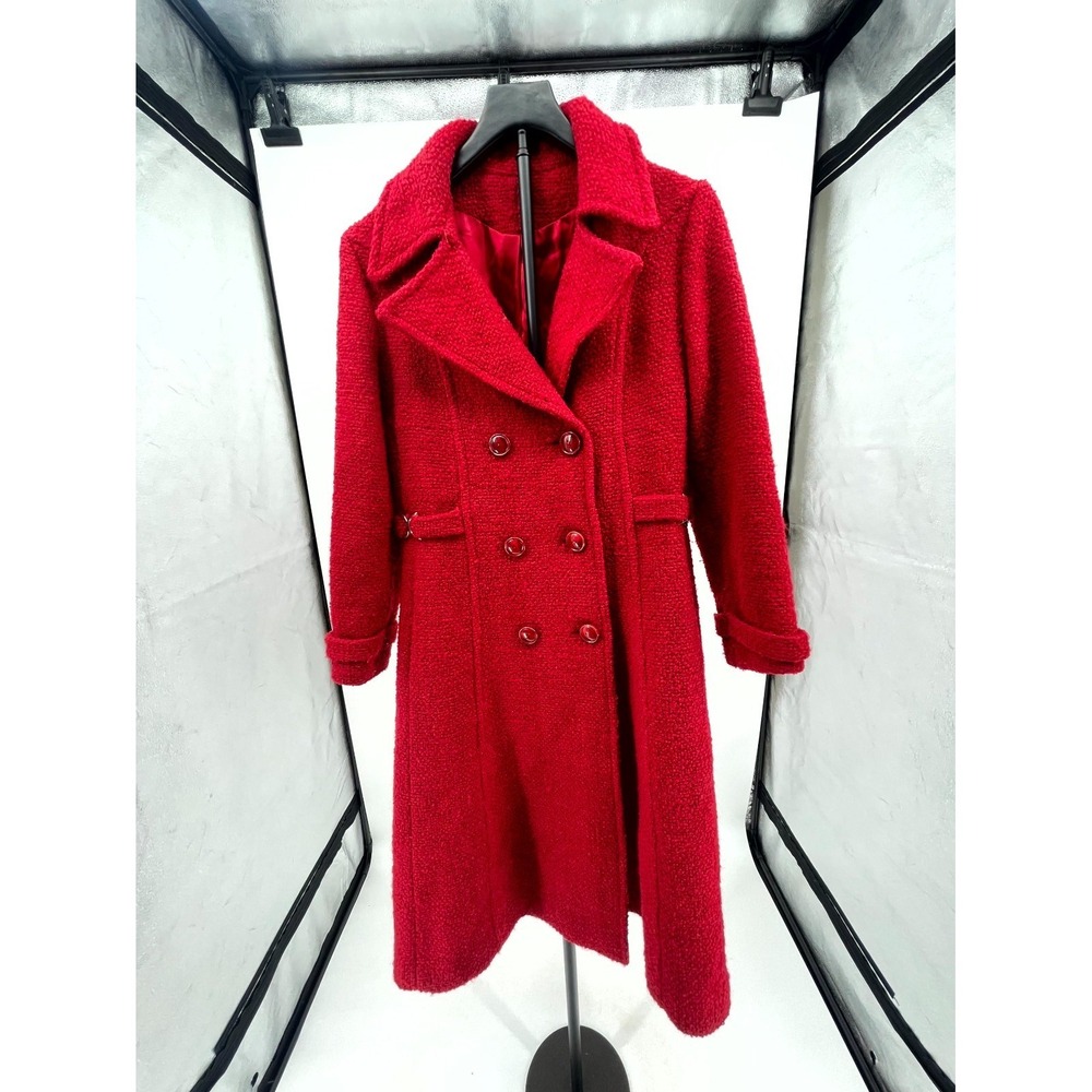 Vintage Womens Trench Coat‎ Red Wool Textured Popcorn Knit Double Breasted Retro